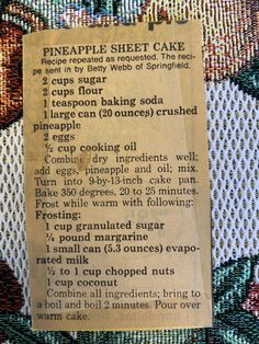 the recipe for pineapple sheet cake is shown on a piece of paper with some type of instructions