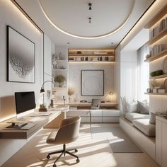 an office with white walls and wooden floors, built in shelving units on either side of the desk