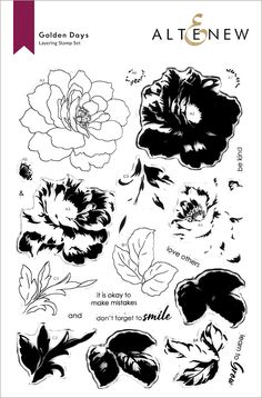 the golden days stamp set is shown with black and white flowers, leaves, and words