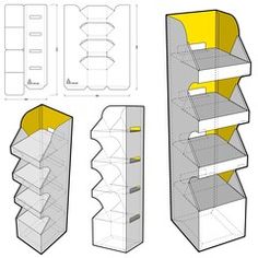 three different types of cardboard boxes, one with yellow and the other with white paper