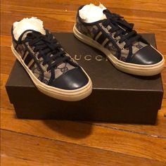 Original Price Was $430. Has Been Worn A Few Time. The Condition Of The Sneakers Is 7 Out Of 10 They Are Still In Pretty Good Condition. Designer Brown Gucci Sneakers, Brown Gucci Designer Sneakers, Casual Gucci Sneakers With Leather Sole, Gucci Black Sneakers With Laces, Black Gucci Sneakers With Laces, Gucci Black Sneakers With Contrast Sole, Woman Sneakers, Shoes Gucci, Gucci Shoes