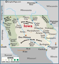 a map of the state of iowa with major cities and towns on it's borders