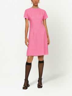 Dolce & Gabbana short-sleeve Tweed Minidress - Farfetch Pink Tweed Dress, Pink Dress Short, Gabbana Dress, Calf Length Dress, Dolce Gabbana Dress, Dress Crafts, Tweed Dress, Stretch Satin, Shop Womens