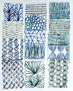 six different designs are shown in blue, green and black ink on white paper with circles