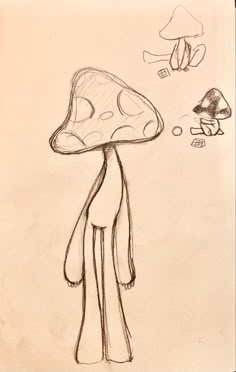 a drawing of a mushroom and a bird in the air with one hand on it's head