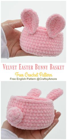 a crocheted bunny hat with ears is shown in two different views, and the other