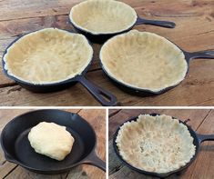 four different views of an uncooked pie in a cast iron skillet on a wooden table