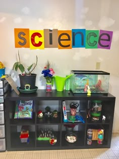 there is a shelf with books and other items on it in the room that says science