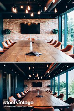 two pictures of a conference room with wooden tables and chairs