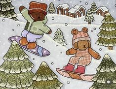 two teddy bears riding on snowboards in front of pine trees and houses with snow