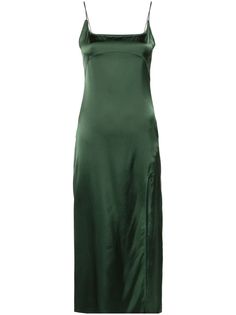 dark green satin finish lace trim gold-tone logo plaque spaghetti straps side zip fastening slip silhouette side slit straight hem mid-calf length Mini Night Dress, Malfoy Manor, Jacquemus Dress, Formal Event Dresses, Green Slip Dress, Cami Dresses, Night Dress For Women, Sophisticated Dress, Matcha Green