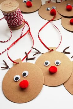 these reindeer ornaments are made out of brown paper and twine with red nose noses