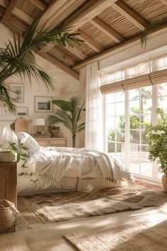 a bed sitting in a bedroom next to a window with lots of plants on top of it