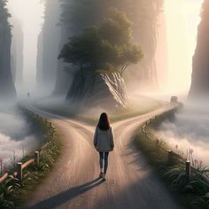 a woman walking down a dirt road in the middle of a forest filled with fog