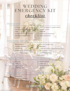 the wedding emergency kit checklist is displayed in front of a table with chairs and flowers