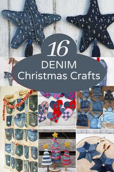 denim christmas crafts with text overlay that reads 16 denim christmas crafts