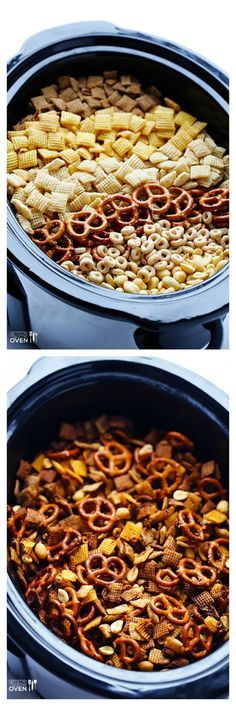 two pictures showing the process of making an appetizer with pretzels in it