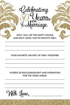 an anniversary card with the words celebrating 50 years of marriage written in black and gold