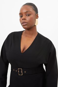 Plus Size V Neck Belted Ponte Jersey Mini Dress Sophisticated Aesthetic, Slingback Heels, Buckle Belt, Karen Millen, Fashion Face, Plus Size Clothing, Mini Black Dress, Dress Collection, Size Clothing