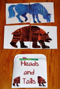 three pictures of horses and tails on paper with the words heads and tails cut out