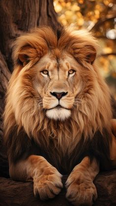 a close up of a lion laying on a tree branch in front of a tree