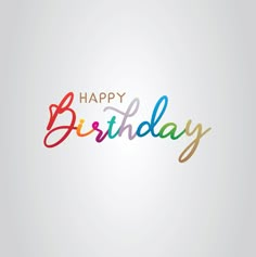 the word happy birthday written in multicolored letters on a white background with a shadow