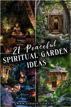 a collage of photos of a garden with a gazebo and a gazebo Wood Outdoor Table, Outdoor Zen Garden, Garden Retreat Ideas, Spiritual Garden Ideas, Outdoor Table And Chairs, Outdoor Meditation, Garden Troughs, Garden Wood