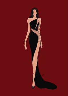 a drawing of a woman in a black dress on a red background with the words fashion