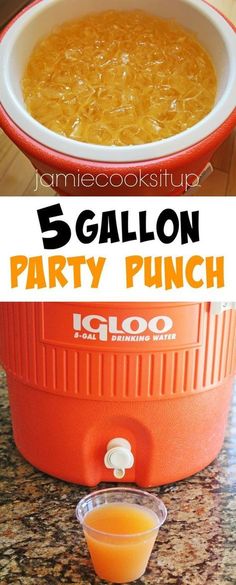 the 5 gallon party punch is ready to be served in an orange bowl and on top of