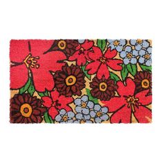 a red and blue door mat with flowers on it