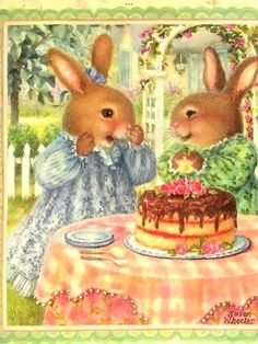 two rabbits sitting at a table with a cake in front of them and one rabbit eating the cake