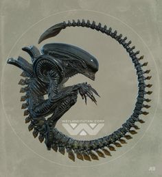 an alien like creature with spikes on its head and neck, standing in front of a circular