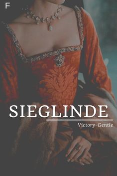 a woman in an orange dress with the words sieglinde written on it