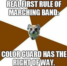 an animal that is looking at the camera with caption saying, real first role of marching band color guard has the right of way