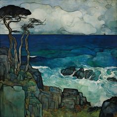 an abstract painting of the ocean and rocks with trees on top, in front of a cloudy sky