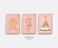 three christmas cards with gingerbreads, candy canes and a ginger house on them