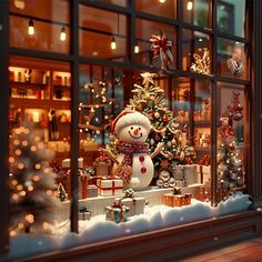 a snowman sitting in front of a christmas window