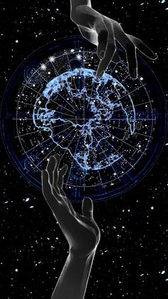 two hands touching each other in front of a star map with the zodiac sign on it