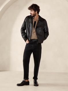 A timeless take on the iconic moto jacket, we kept all the details of the classic—an off-set zip closure, grommets under the arms, zippered cuffs and pockets—adding a Western-style yoke and a ruched accent at the back waist for rugged flair.  For a true-to-the-original finish, our designers selected a beautifully burnished leather and an oversized fit.  Warmer: Lightly lined for easy layering.  Relaxed fit.  Point collar with off-set zip closure.  Three exterior zip pockets.  Single interior pocket.  Fully lined.  Relaxed fit.  Long sleeves.  Hip length.  Model: Size M, 6'2" (188cm).