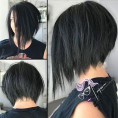 Inverted Black Bob With Choppy Ends Asymmetrical Bob Short, Inverted Long Bob, Inverted Bob Haircuts, Short Hair Cuts For Round Faces, Short Dark Hair, Black Bob, Round Face Haircuts, Short Hair Styles For Round Faces, Short Bob Haircuts