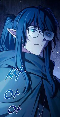 an anime character with long blue hair and glasses, in front of a dark background