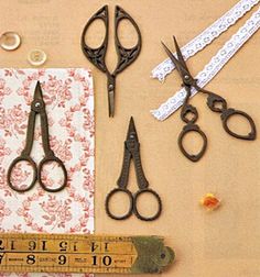 several pairs of scissors are sitting next to a ruler