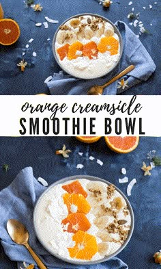 two bowls filled with orange creamsice smoothie bowl