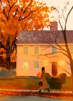 a painting of a woman walking past a house with autumn leaves on the ground and trees