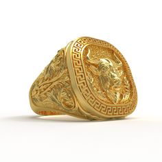 Introducing our Gold Bull Ring with Greek Ornament - a unique piece of jewelry that symbolizes strength, power, and the richness of history. This ring is not just an accessory, it's a tangible connection to the ancient world. Our ring is skillfully crafted from Gold, ensuring durability and a timeless appeal. The centerpiece of this ring is the Bull design, intricately crafted to capture the essence of this powerful symbol, complemented by the Greek ornament that adds a touch of historical charm Carved Symbolic Yellow Gold Jewelry, Yellow Gold Symbolic Carved Jewelry, Symbolic Carved Gold Jewelry, Greek Ornament, Bull Ring, Bull Design, Symbol Of Strength, Viking Ring, Masonic Ring