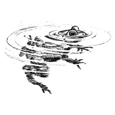 a black and white drawing of a person in the water with an umbrella over their head