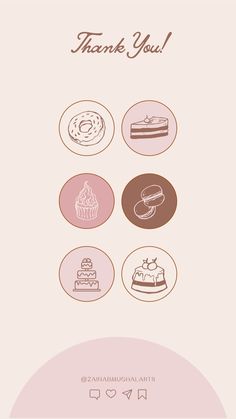 a pink and brown thank card with different types of cakes