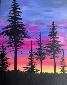 a painting of trees in the sunset with pink and blue sky behind them, painted on an acrylic board