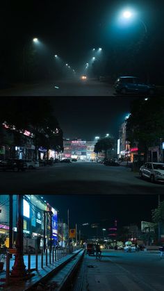 there are two different shots of the same street at night and in the middle of the day