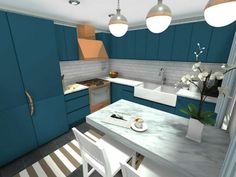 a modern kitchen with blue cabinets and white counter tops is shown in this image, there are three pendant lights hanging from the ceiling